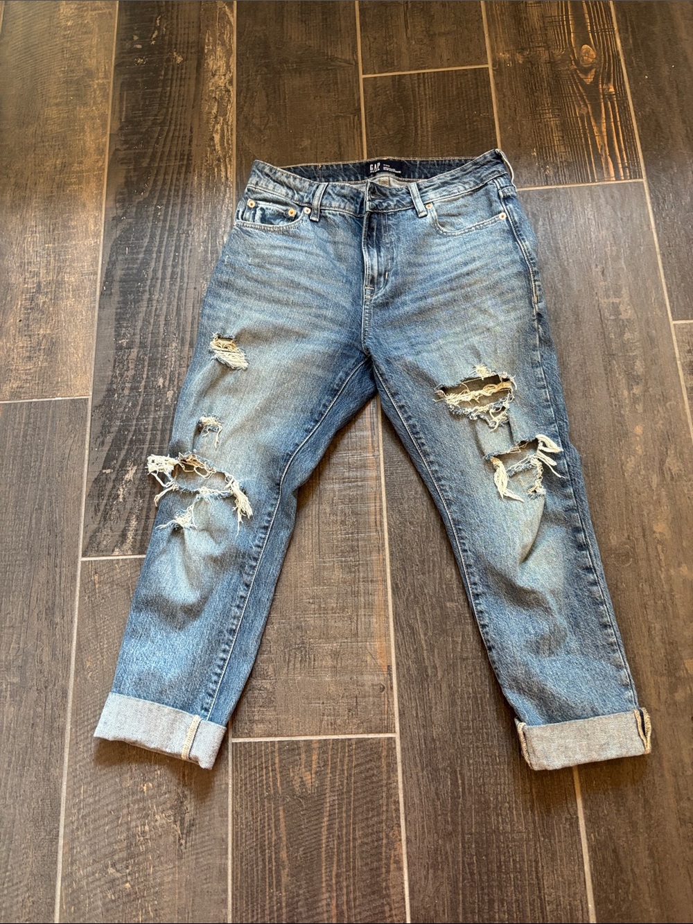 GAP Distressed Light Blue Boyfriend Jeans with Rolled Hems